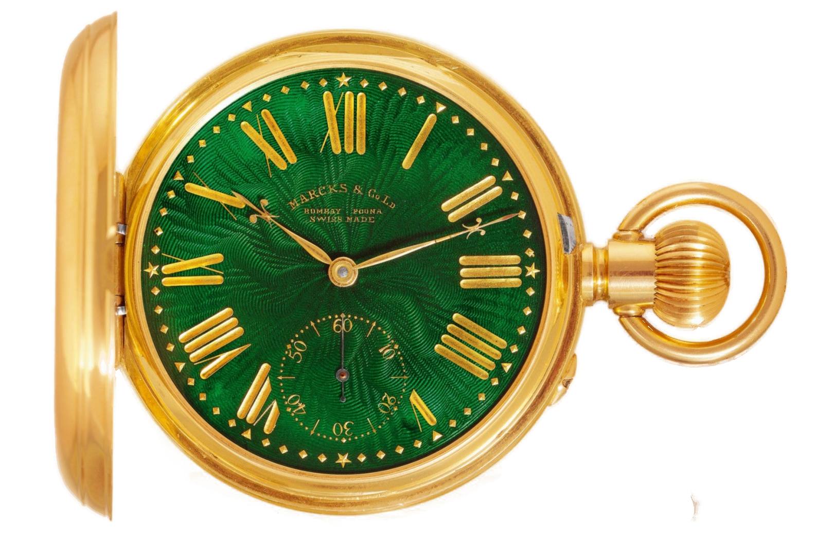 Gold pocket watch with green face and visible brand name on a white background