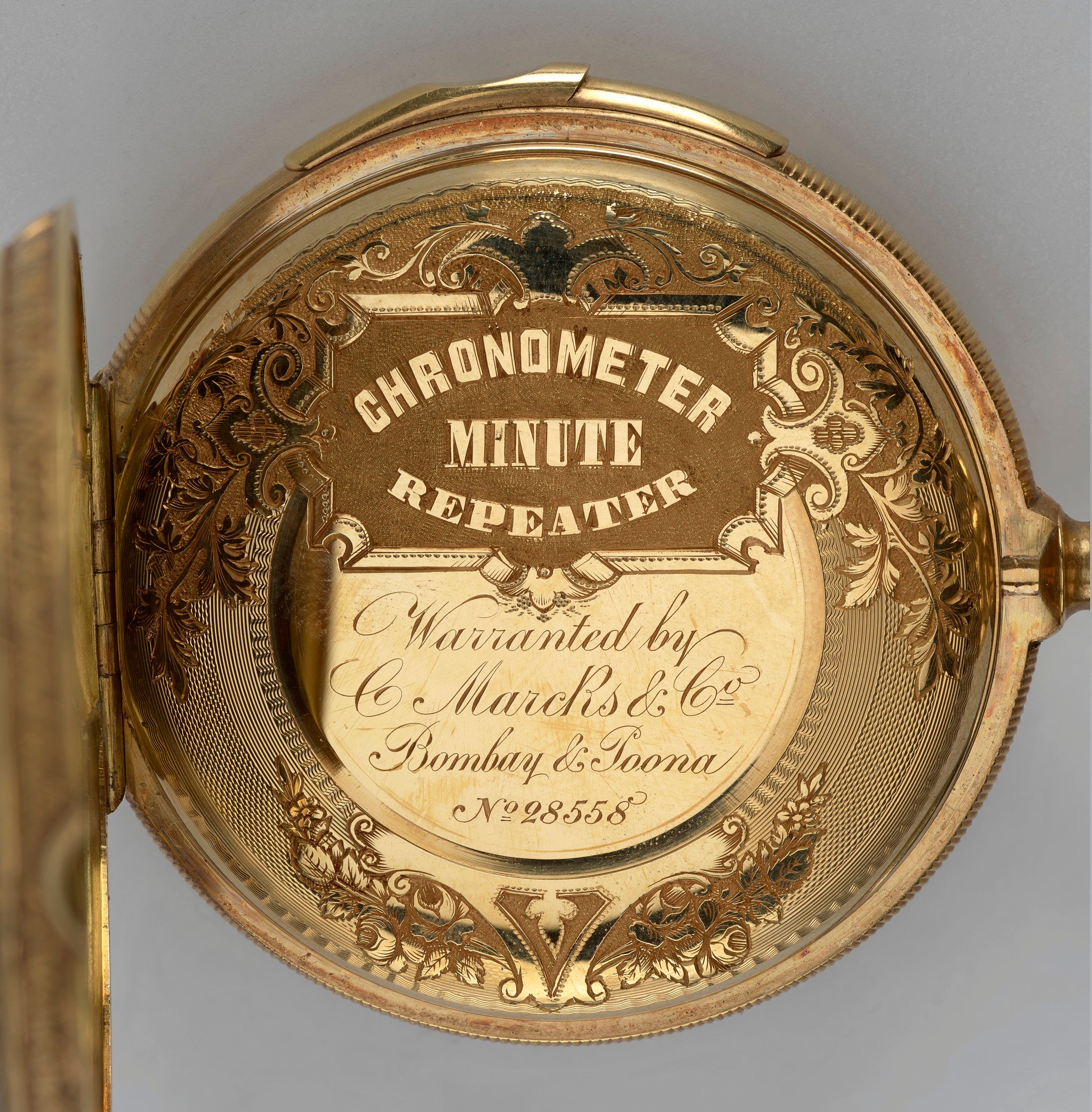 Engraved chronometer and minute repeater movement cover of the Maharaja of Patiala pocket watch
